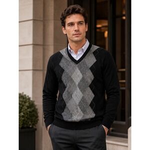 Banana Republic Argyle V-Neck Sweater Mens Large Black Grey Silk Cashmere Blend
